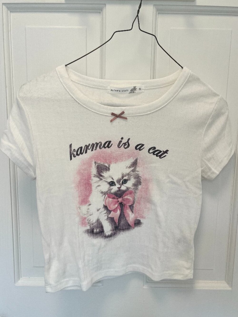 Altar'd State Crop Top Small "Karma is a Cat" Coquette Bow Girlhoodcore
